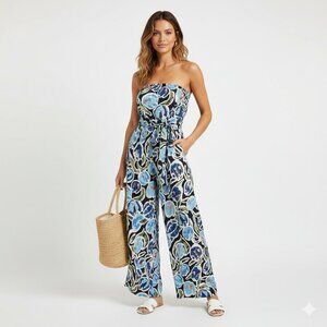 Renee C Linen Strapless Jumpsuit Size Large Coastal Chic Boho Summer Breathable